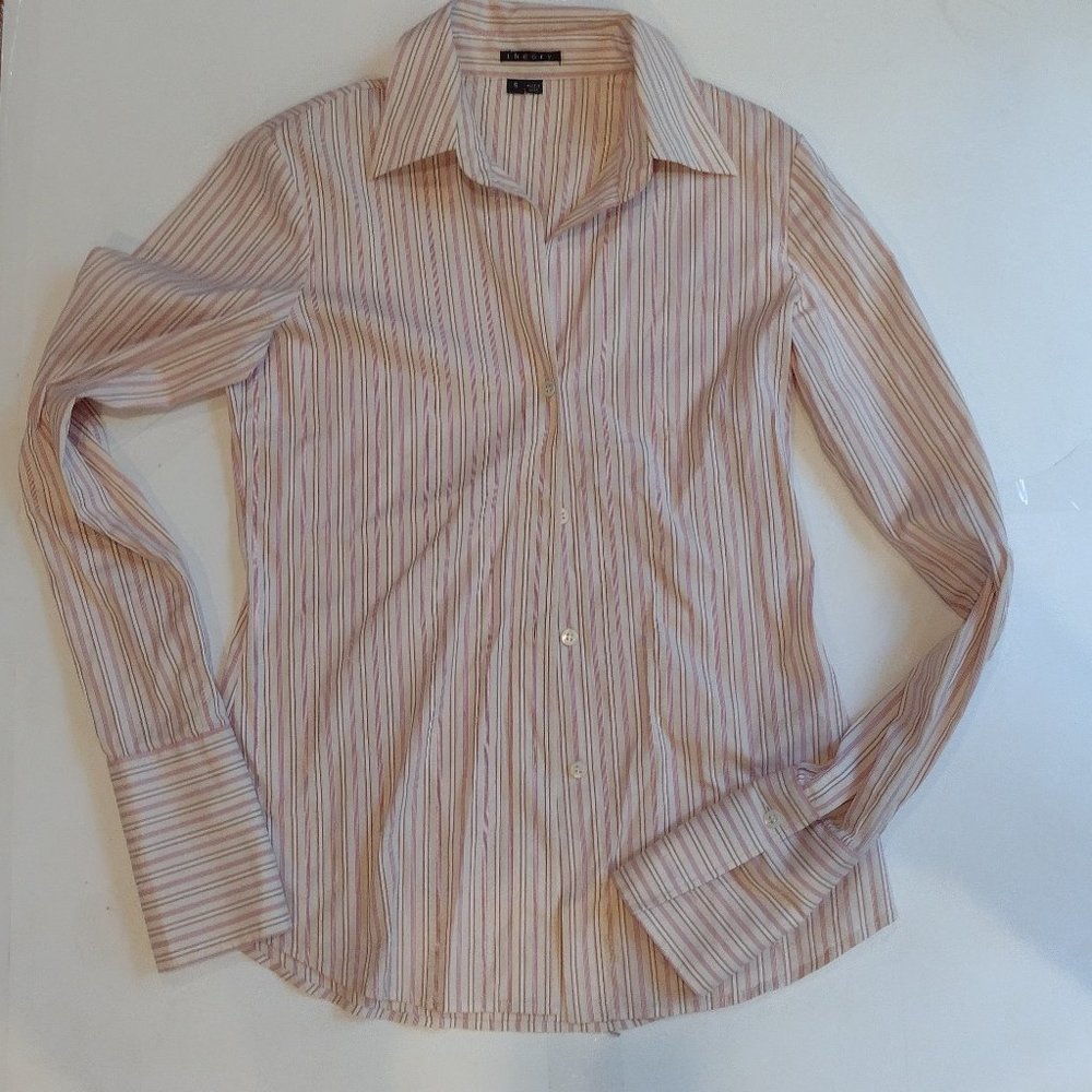 Theory Essential Button Down Shirt In Cream and pink stripe Sz S.